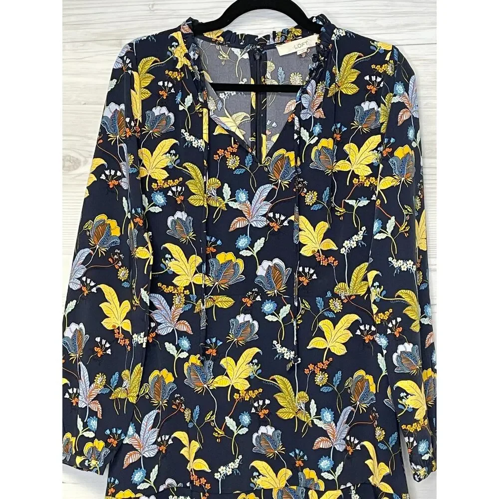Ann Taylor LOFT Dress 2‎ Womens Blue Floral V Neck Long Sleeve Zip
